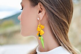 yellow handmade earrings with pineapple and green detail