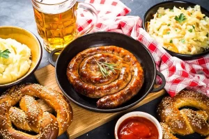 Traditional Snacks and Drinks in Germany such as beer and sausage