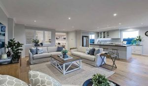 living room with beige and blue furniture