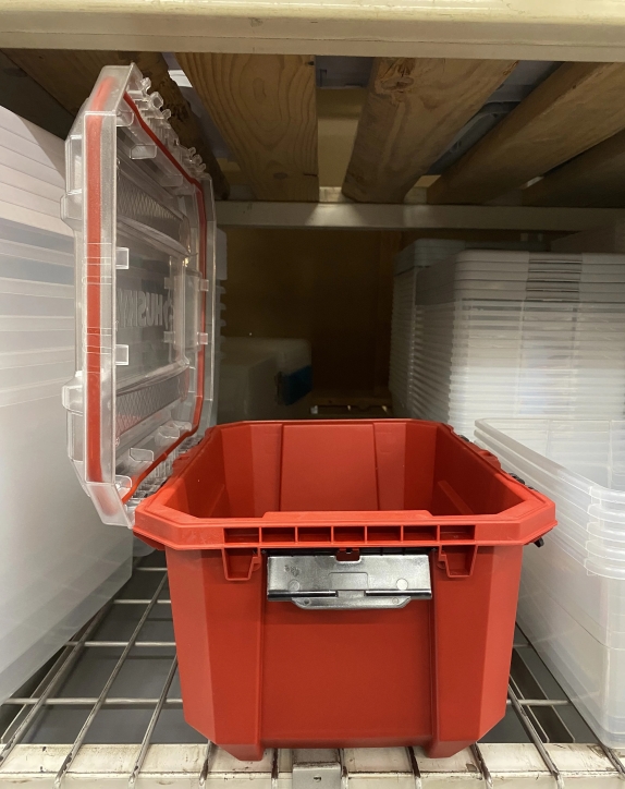 red plastic storage container